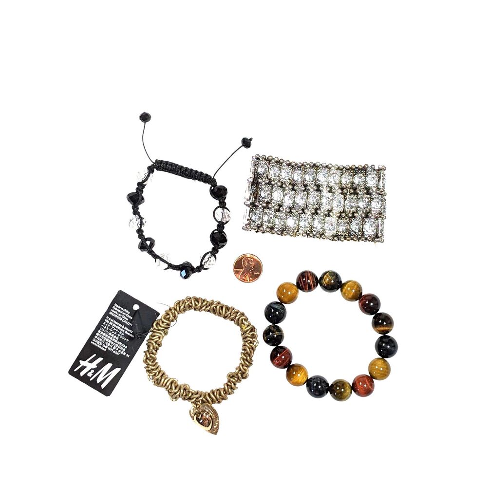 Bracelet Lot Tiger Eye Crystal Gold Tone Stretch & Adjustable 3 Pieces NEW